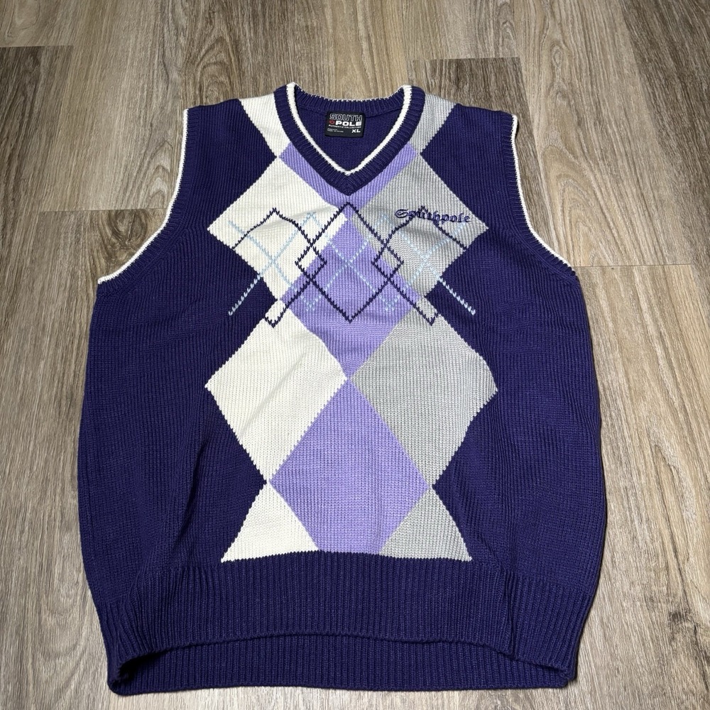 Vintage Southpole Sweater‎ Vest Mens Size XL Purple Argyle Pullover Y2K Preppy